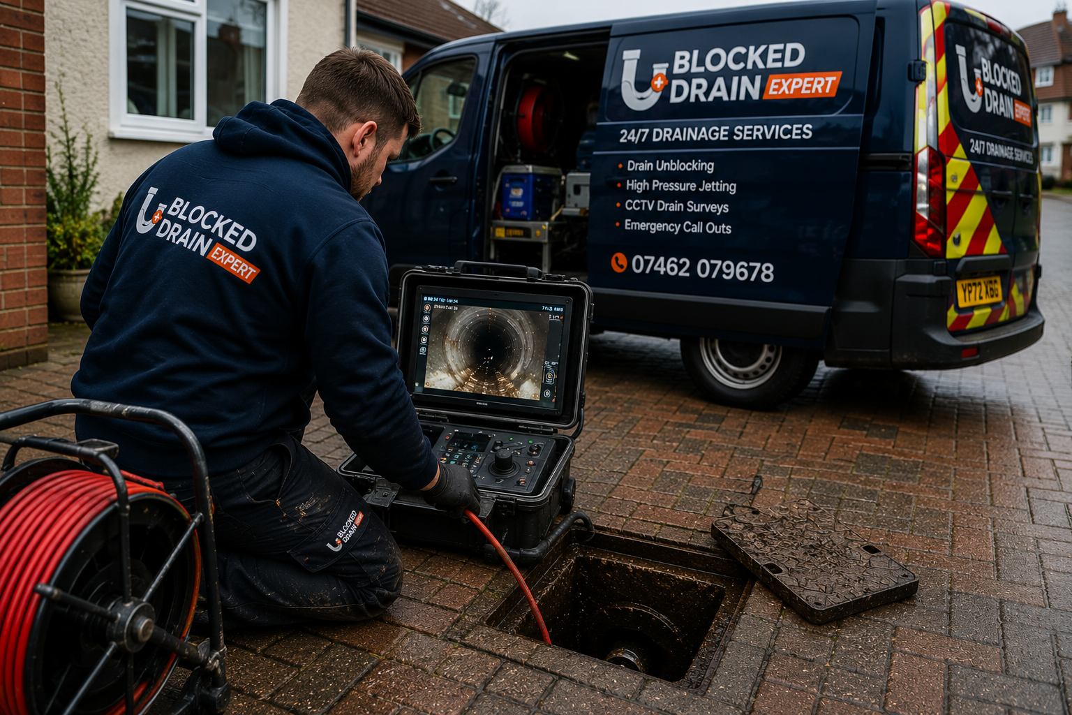 Blocked Drain Expert engineer carrying out a CCTV drain survey beside a drainage van